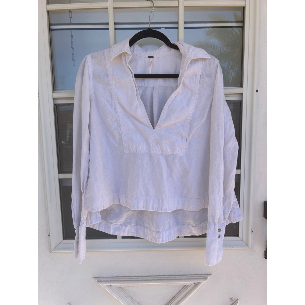 Free People White Linen Cotton Blend V-Neck Pullover Blouse High Low Hem Small